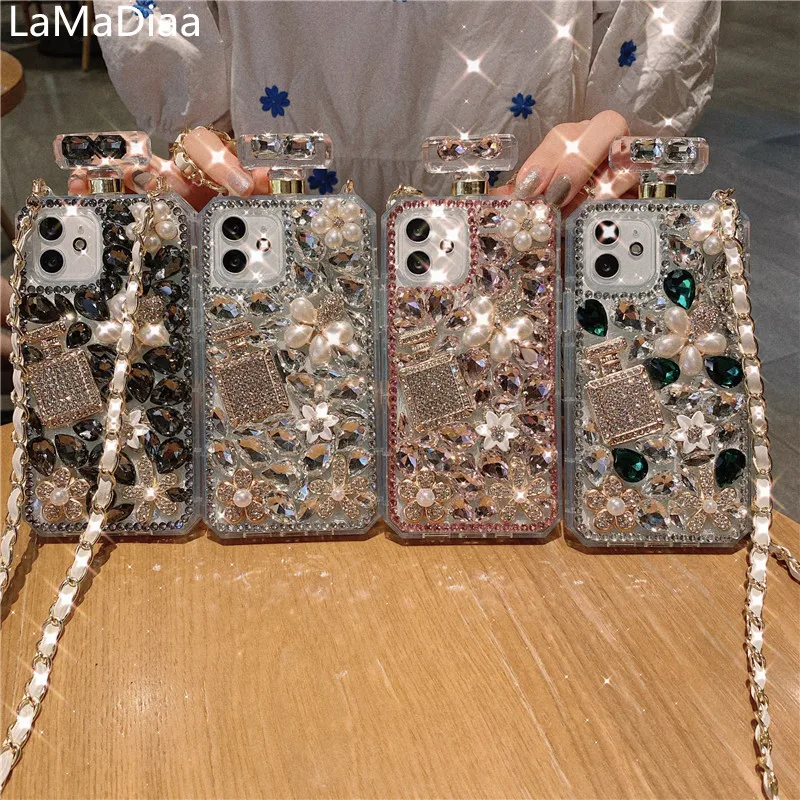 Luxury Glitter Bling Diamond Perfume Bottle DIY Rhinestone Phone Case With Chain For iphone11 12 13Pro X XS MAX XR 6S 7 8 PLUS