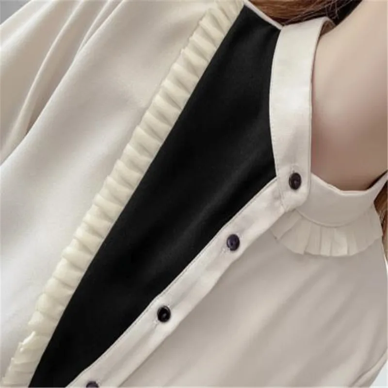

High Quality Women Chiffon Blouse Spring Short Women Shirt Button Stand-Collar Long Sleeve 2020 Patchwork Color Tops Femme M418