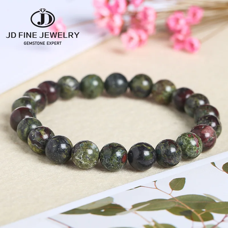 JD High Quality Round Natural Stone Dragon Blood Bracelet Green Color Dinosaur Stone Beads Jewelry Special Gift For Men Women