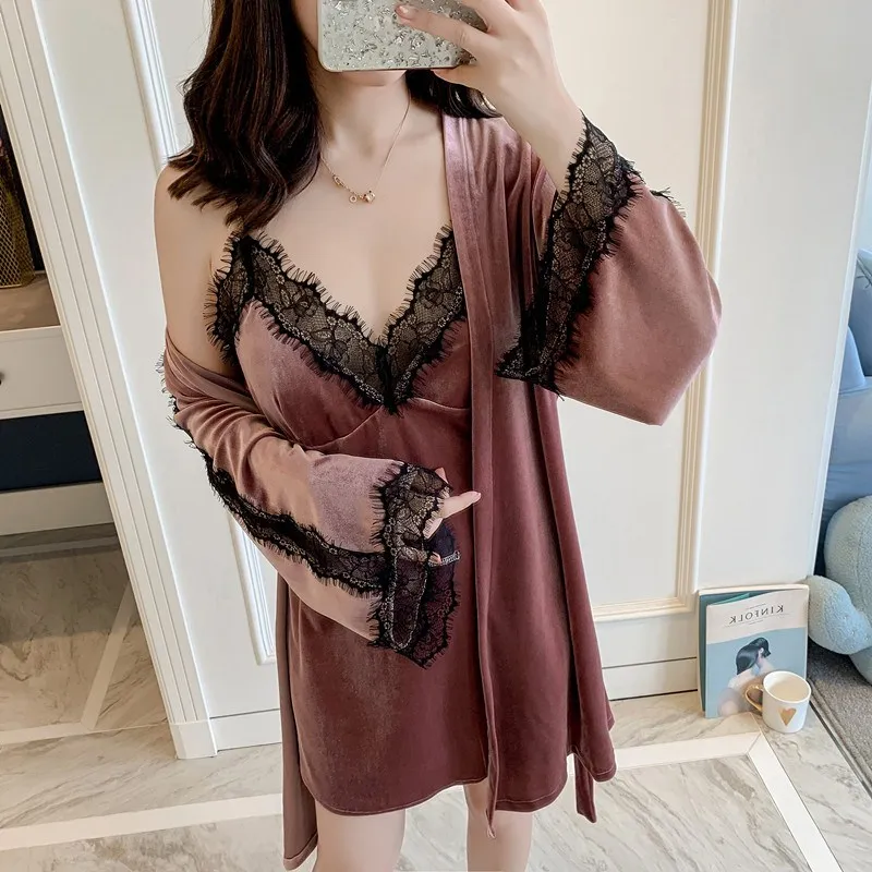 Женские зимние Бархатные теплые халаты кружевное сексуальное кимоно банный