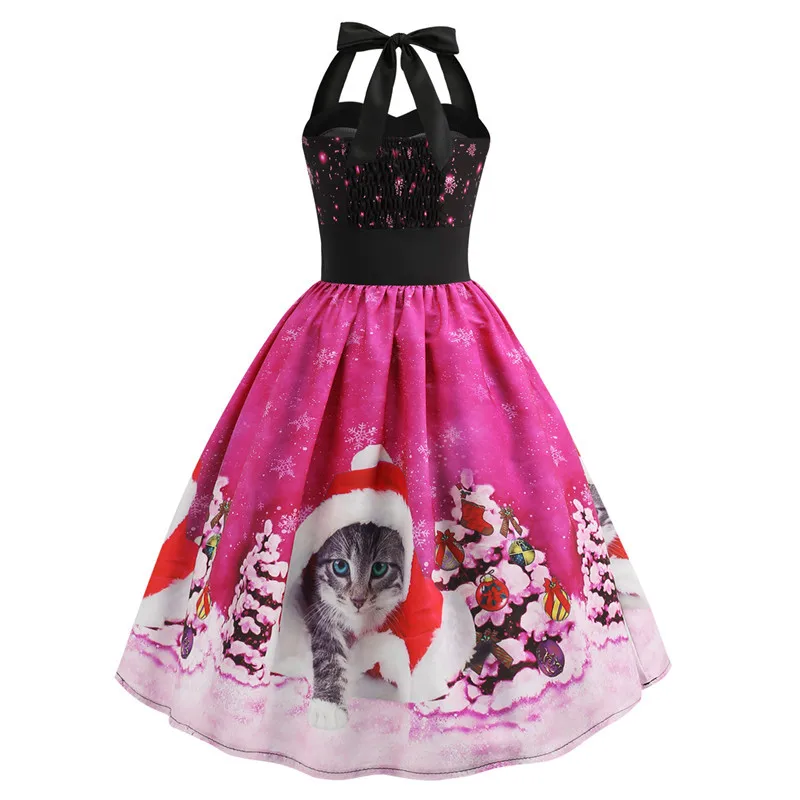 JY12914Rose Red Сексуальное рождественское платье без бретелек с лямкой на шее, женское платье с принтом Санты, винтажное платье для вечеринок в стиле рокабилли, рождественское платье до колен - Цвет: JY12914Rose Red