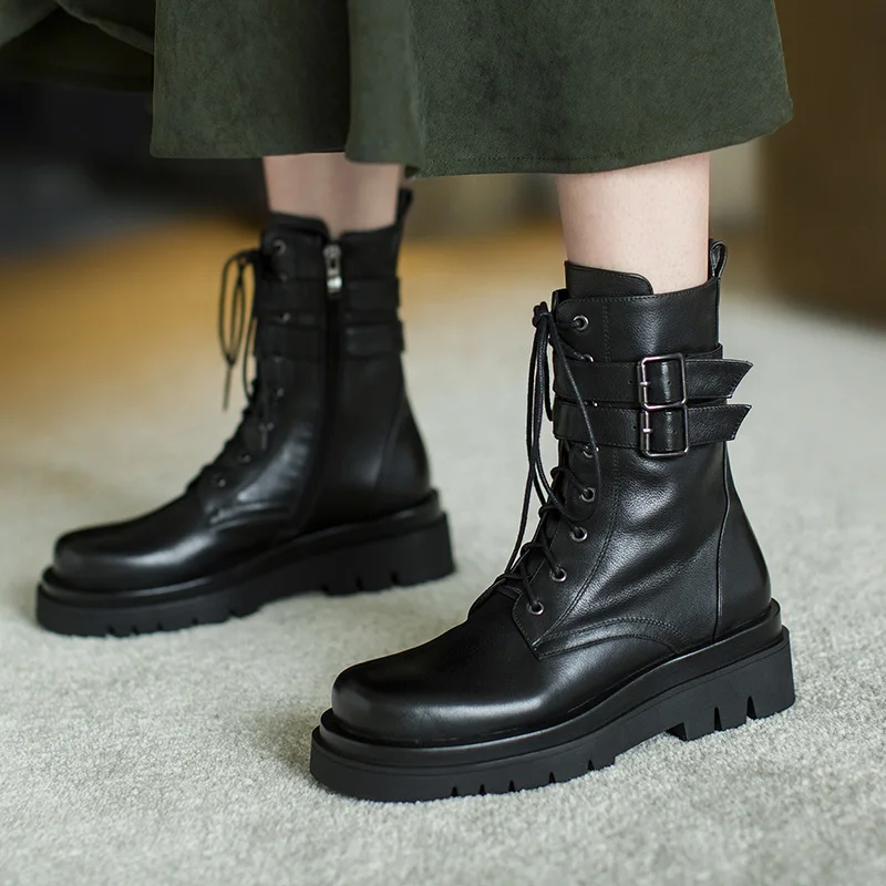 Jual Sepatu Bot Pergelangan Kaki Berenda Ujung Bundar Baru Musim Gugur 2020 Hak Sedang Platform Kulit Sapi Asli Sepatu Bot Pergelangan Kaki Wanita
