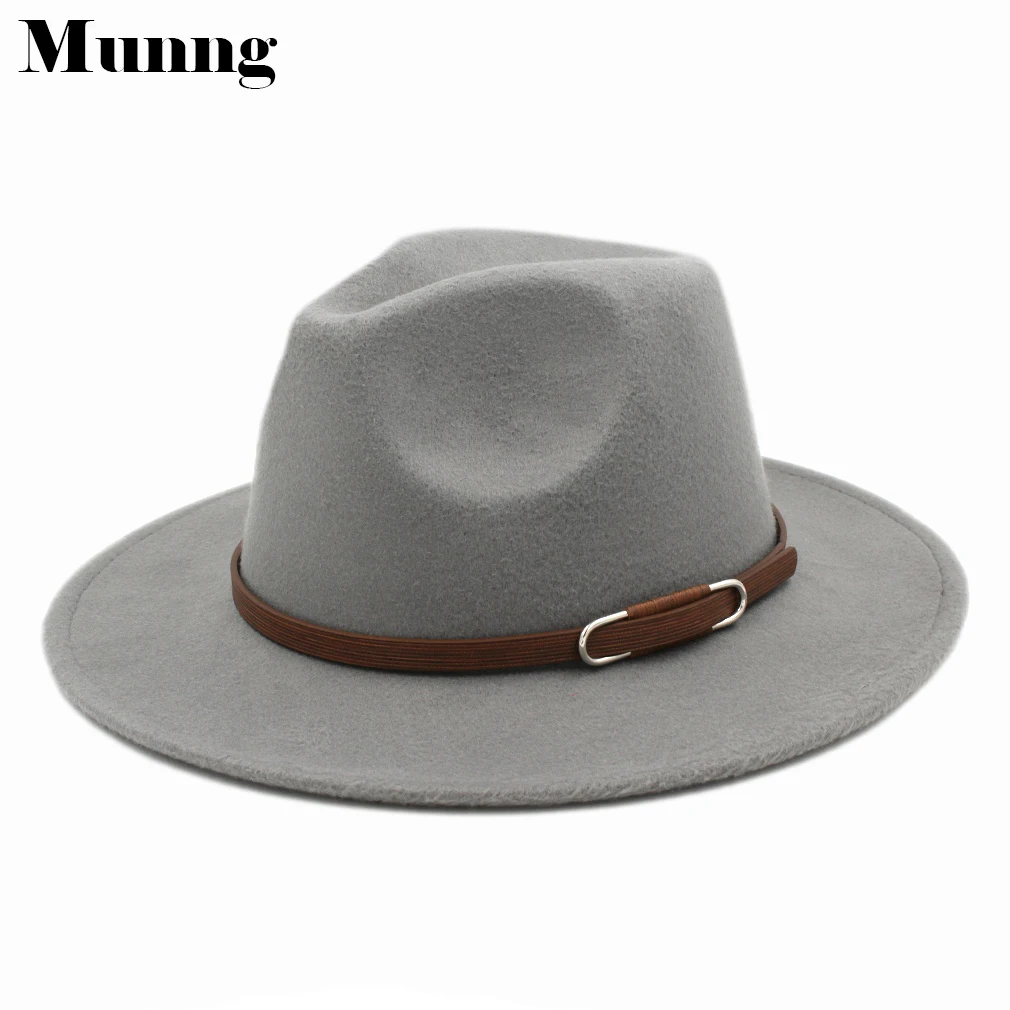 

Munng Vintage Unisex Wool Wide Brim Fedora Hat Panama Church Sombrero Jazz Trilby Cap Brown Leather Belt Band