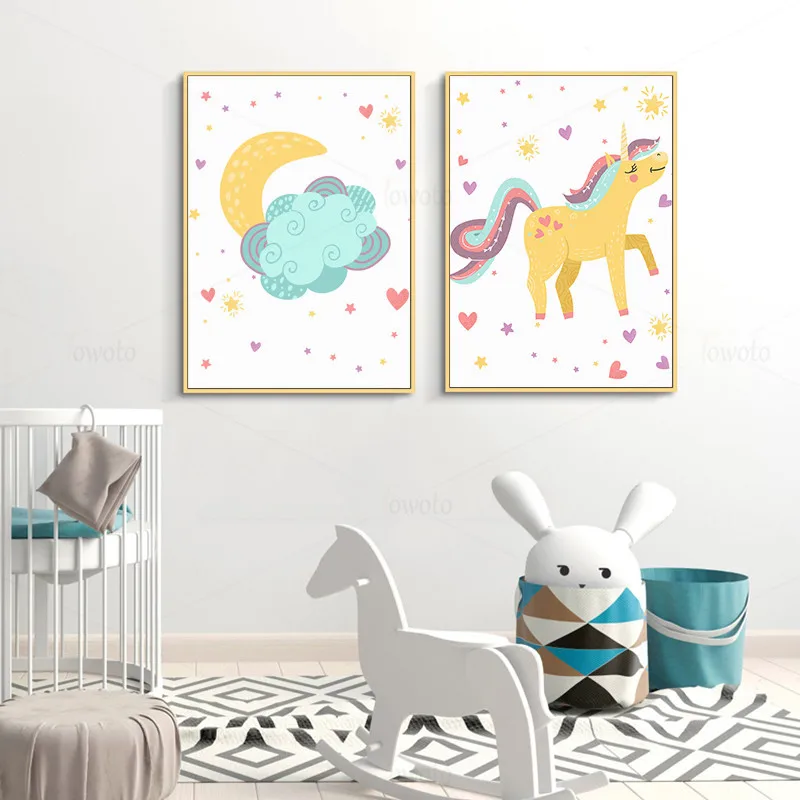Цвет желтый розовый Постер с единорогом Детская Wall Art фотографии принтом