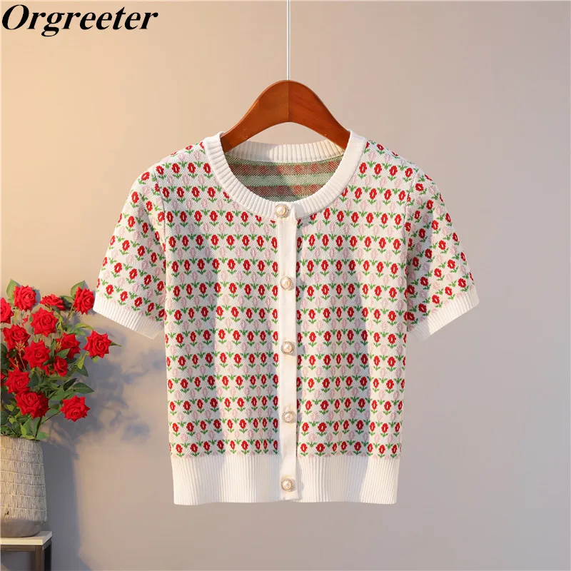 

Jacquard Knit Cardigan Floral Thin Summer Women's Tops 2021 Summer New Pearl button Contrast color Single-breasted Knitwear