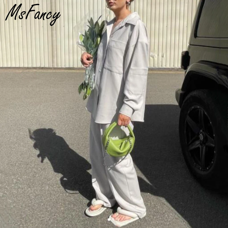 Комплект брюк Msfancy Женский винтажная рубашка с длинным рукавом и карманами брюки