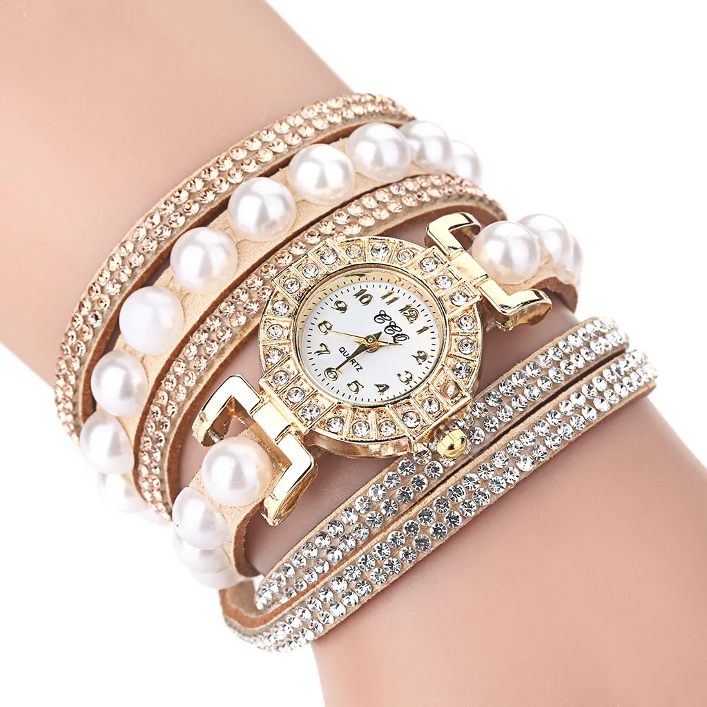 Винтажные женские блестящие часы с жемчугом повседневные браслетом модные