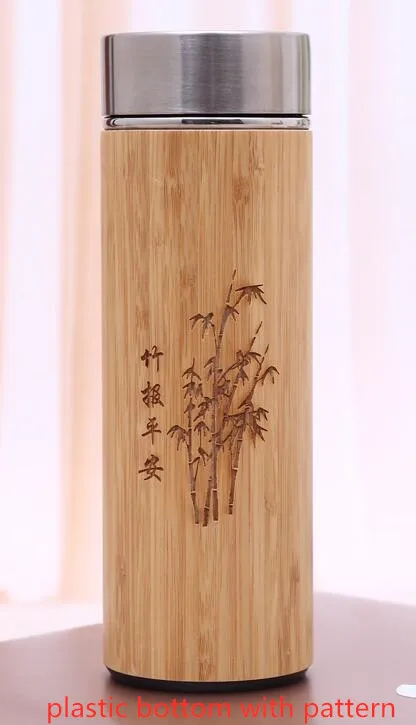 plastic with pattern Бамбуковая чашка из нержавеющей стали, бутылка для воды с вакуумной изоляцией, Вакуумная чашка для путешествий с ситечком для заварки чая, 450 мл, деревянная бутылка - Цвет: plastic with pattern