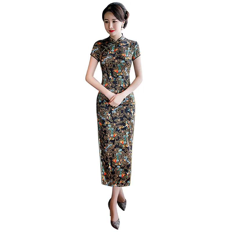 Весенне летние традиционные костюмы Ципао с коротким рукавом шелковое вечернее