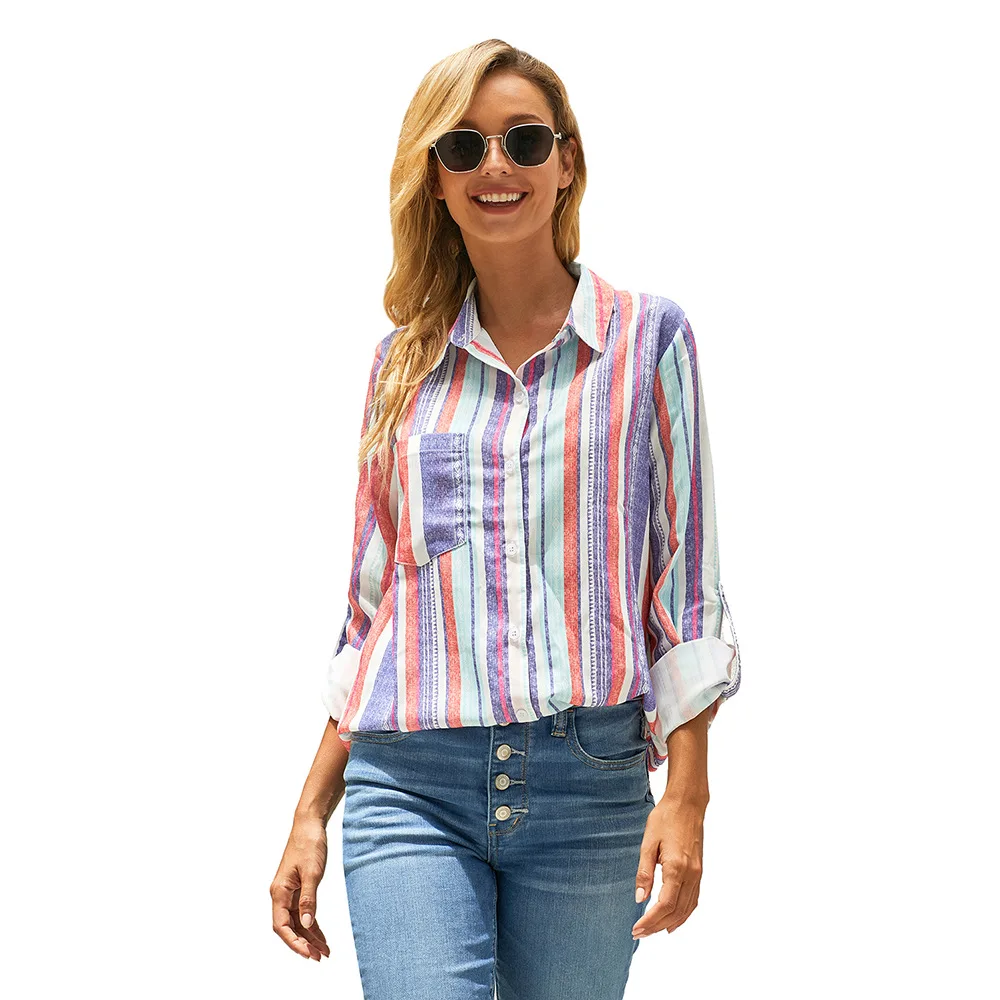 

Shirt Women's Autumn Stripe New European and American Lapel Single Breasted Loose Long Sleeve Top Cardigan