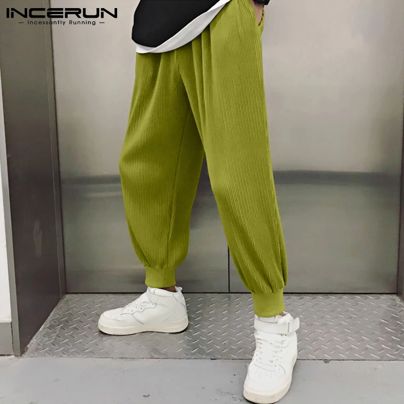 

INCERUN Solid Color Men Pants Joggers Drawstring Loose Streetwear Folds Casual Trousers Men 2022 Comfortable Fashion Pantalon