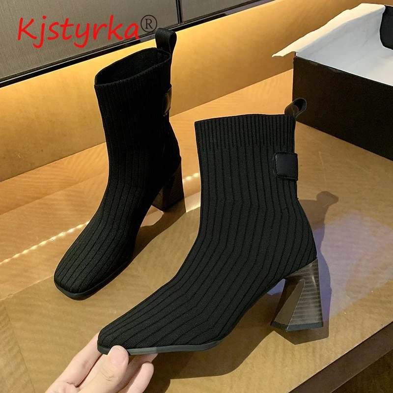 

2020 Autumn Winter Knitted Stretch Fabric Socks Women Boots Low heel Short Boots female square Toe Women Ankle Boots