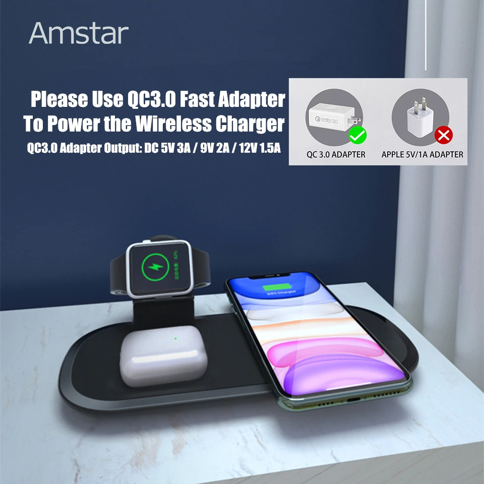 Беспроводное зарядное устройство Amstar Qi 3 в 1 15 Вт быстрая зарядка для iPhone 12 11 Pro Max X