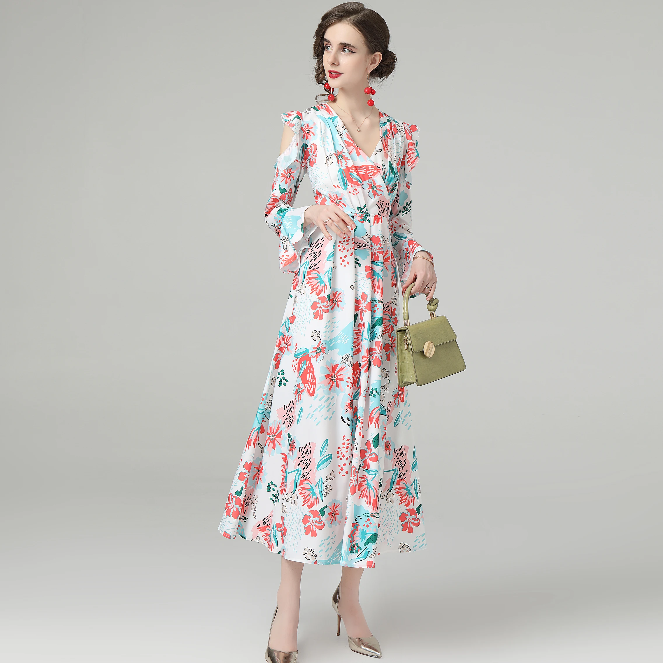 

Women Winter Dresses Ankle-Length Flare Sleeve V-Neck Women Eelegant Dresses Printing A-LINE Office Lady 2021 New Women Dresses