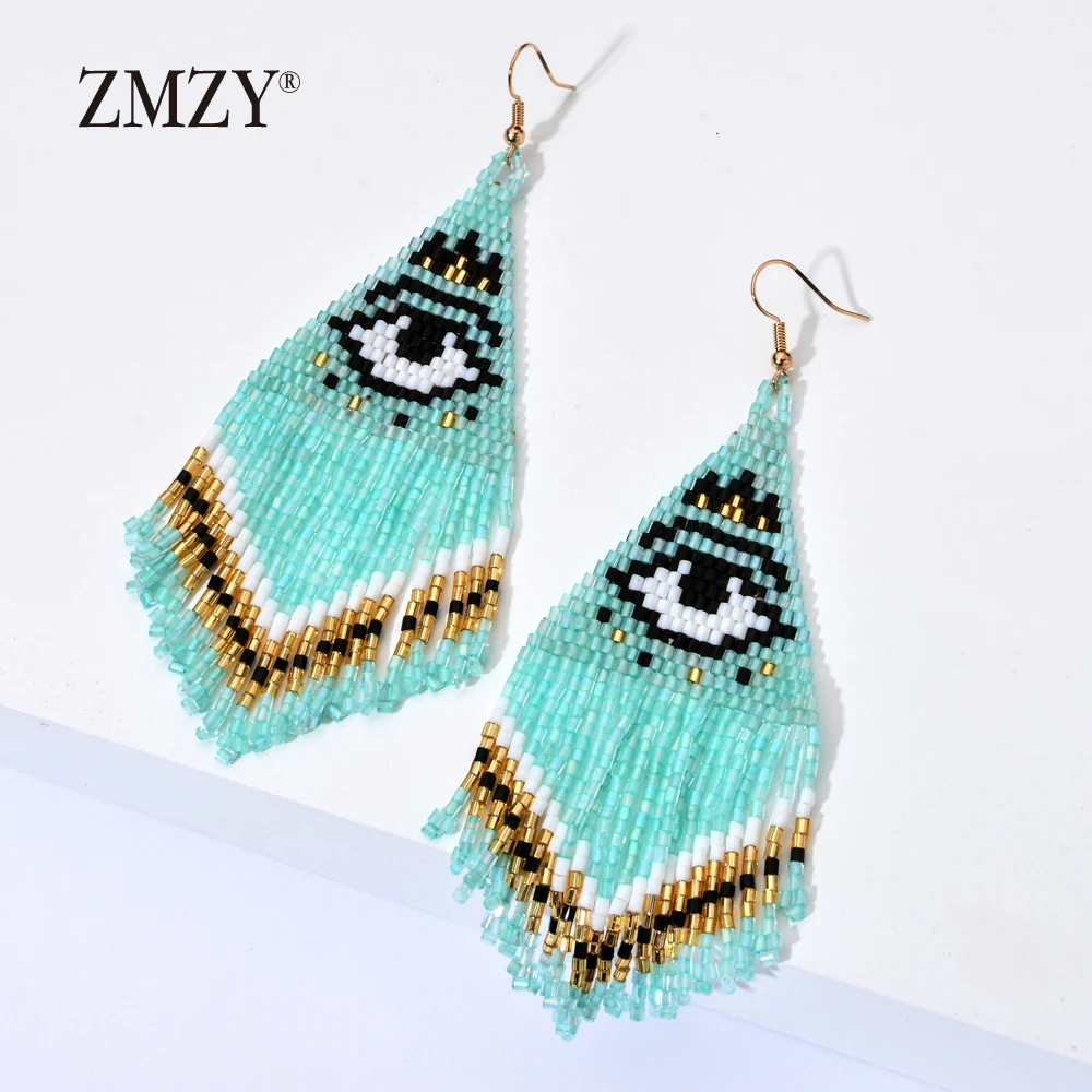 Женские богемные сережки подвески ZMZY большие длинные дурной глаз с плетеными