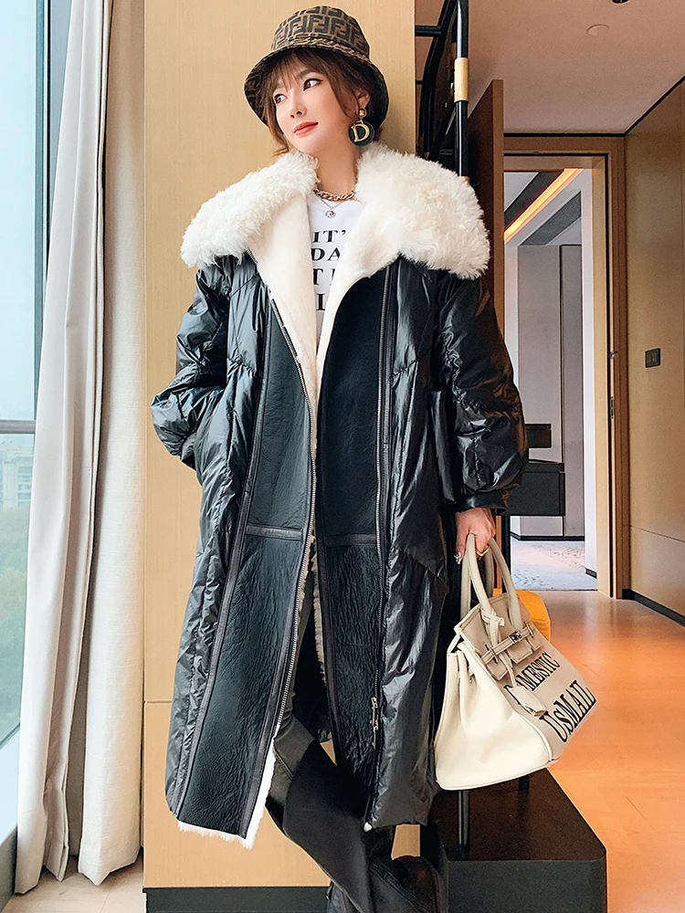 

2020 new fashion down jacket women's middle long Korean loose fur one piece leather coat
