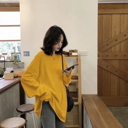 Xian 188 huang Harajuku, лучшие друзья, длинная футболка, женские футболки кавай, женские,, Осенние, одноцветные, простые, большие размеры, футболка, белая, длинный рукав, топы - Цвет: Xian 188 huang