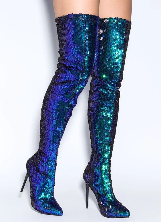 

2020 spring big size colorful Sequin pointed sexy knee high boots show high boots