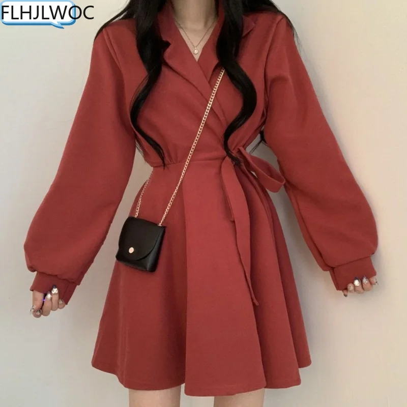 

Chic Korea Feminine Vestidos Red New Year Hot Sales Winter Spring Basic Wear Cotton Blended A Line Little Black Dress