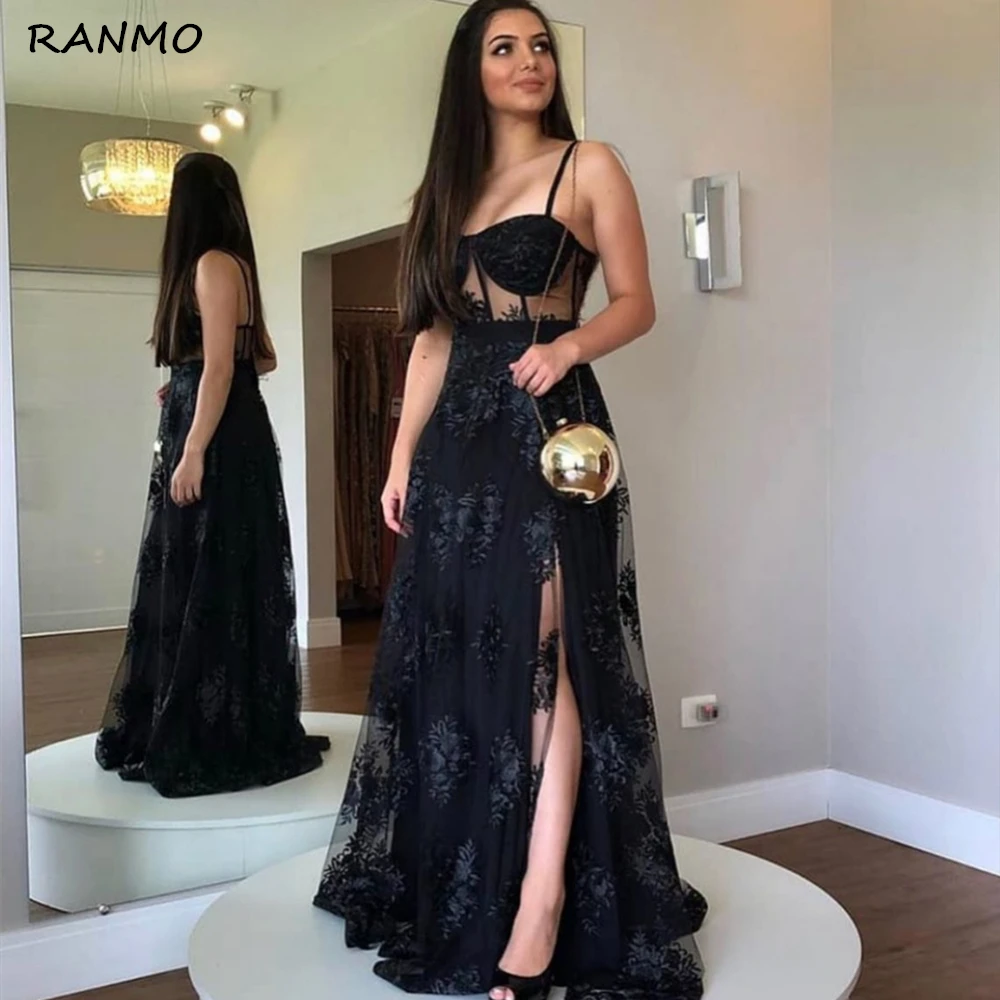 

Black Evening Dress A-Line Sweetheart Floor Length Side Slit Spaghetti Strap Lace Appliques Backless Elegant Party Prom Gown