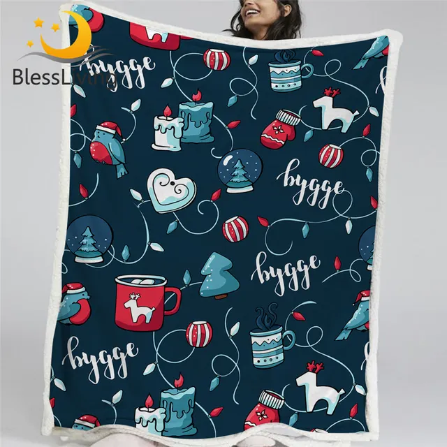 BlessLiving Merry Christmas Throw Blanket Xmas Trees Candles Sherpa Blanket Lights Toys Bedspread Blue Plaid Sofa New Year Gift 1