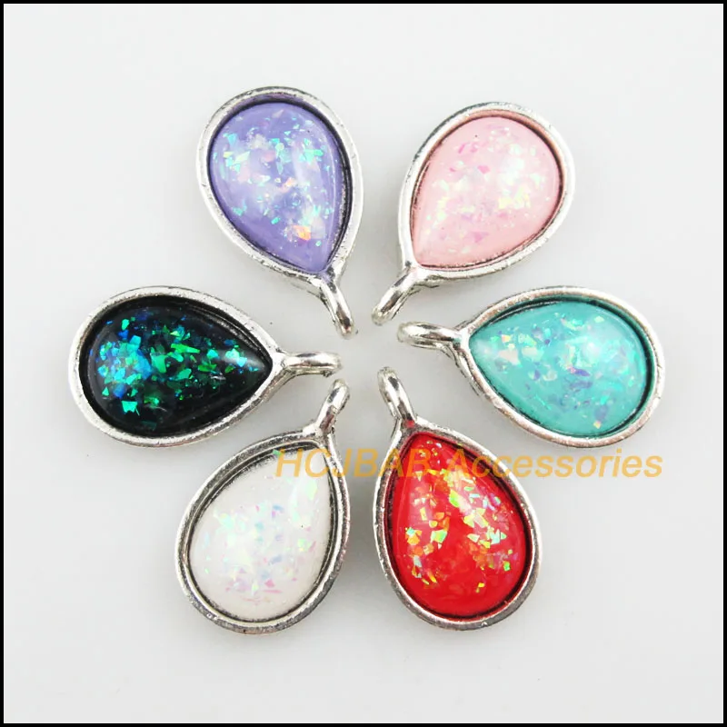 

12 AB Shivering Resin Pendants Teardrop Mixed Charms Tibetan Silver 12x20mm