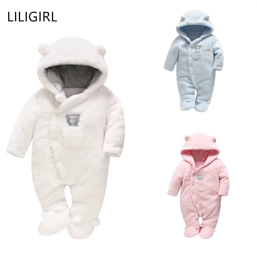LILIGIRL/хлопковый шерстяной комбинезон для новорожденных девочек; комбинезон с рисунком медведя; утепленный Плюшевый комбинезон с капюшоном; зимний теплый комбинезон для детей