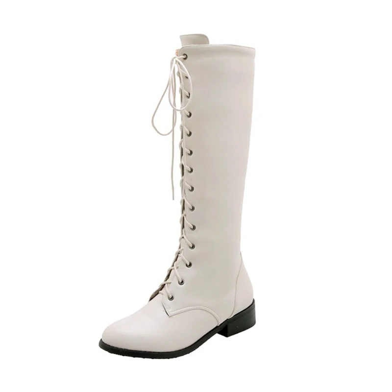BLXQPYT Lacing Up Knee High Winter Boots Women Cosplay Shoes Zipper Black Square Heels Leather Footwear Big Size 32-46 | Обувь