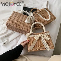 handmade woven purse wicker beach handbag fashion women pure color rattan woven pearl basket handbag mini tote lunch bags