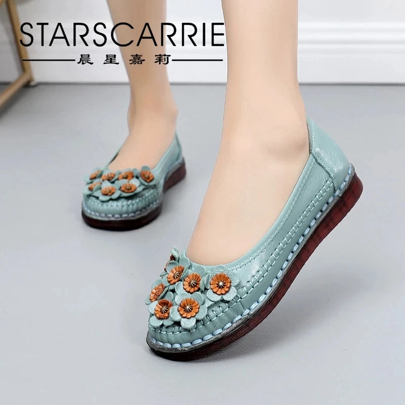 2021 весенние женские туфли из натуральной кожи в национальном стиле с цветами