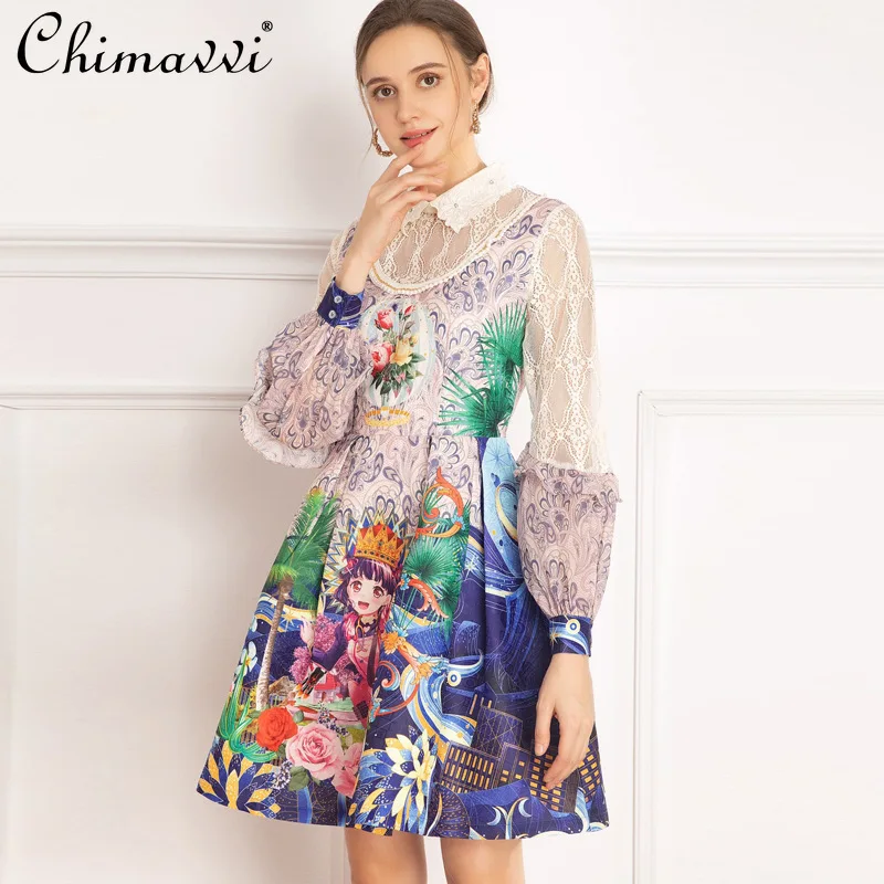 

Fashion Hepburn Style Dress Feminine 2021 Women's Clothing New High Waist Slimming Lace Stitching Dress Short Elegant Dresses