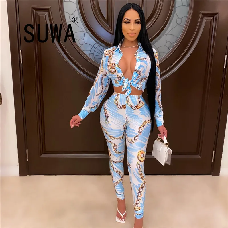 

women spring clothes chic printing office ladies elegant work two piece sets long sleeve shirt blouse + skinny pants trousers