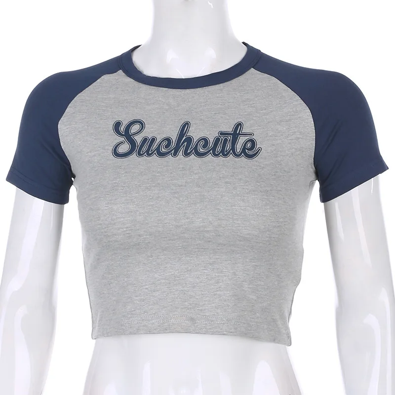 

Panelled Cute Letter Print Cotton Y2k Aesthetic t shirt Women 2021 Harajuku O-Neck Short Sleeve Slim Crop Tops Tee feminina