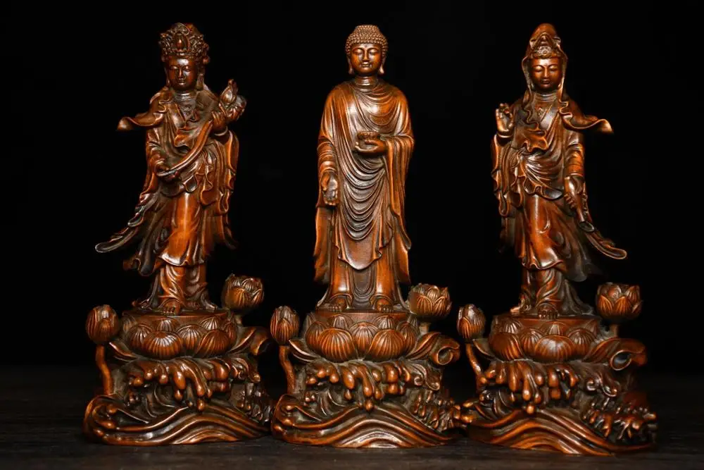 

8" China Lucky Seikos Boxwood Western Three Holy Buddha Statues Shakyamuni Buddha Statue Guanyin Bodhisattva statue