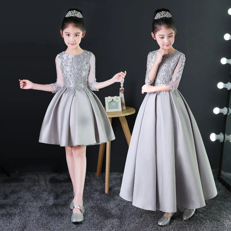 

Silver Girl Princess Dress 2021 Appliques Kids Baby Girls Formal Dress Birthday Costume Hollow Out Pleated Prom Party Dress Gown
