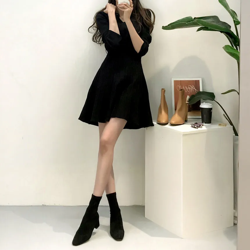 

One Piece Knitted V Neck Dress Elegant Bandage Long Sleeve Black Sukienka Wrap Mini Dress Women Korean A Line Ladies Vestidos