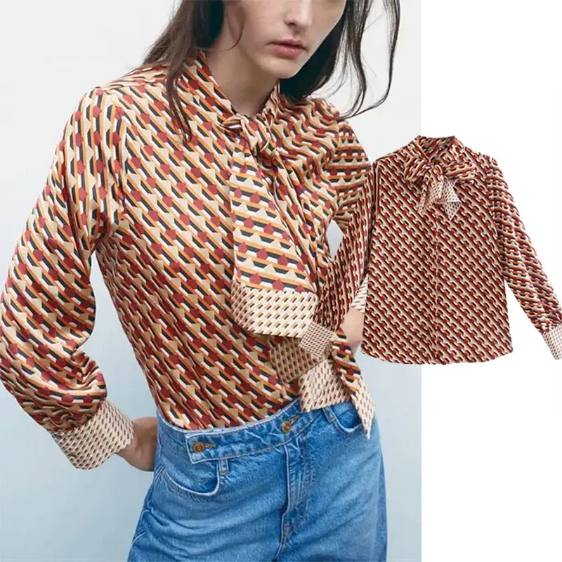 

Блузка Женская Офисная с геометрическим принтом, на пуговицах, с завязками, с длинным рукавом, 2021