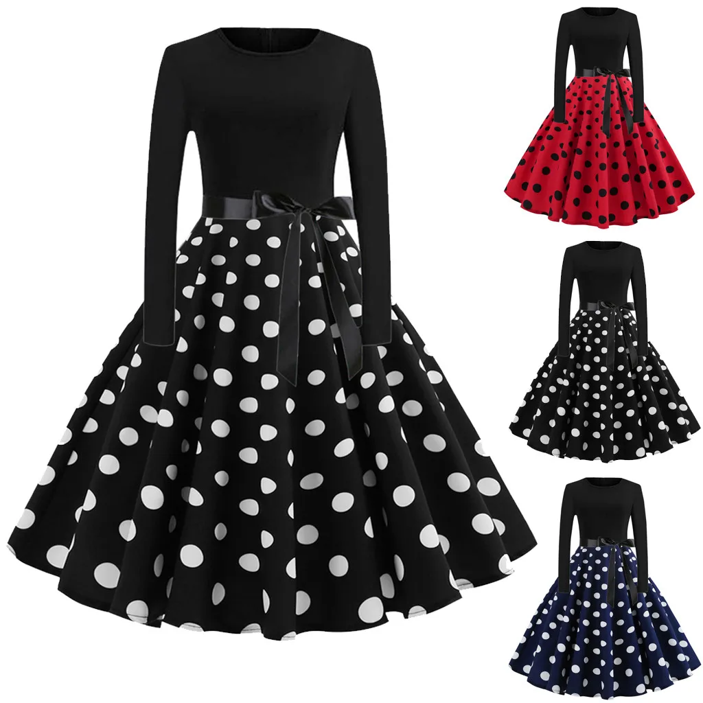 Женское вечернее платье в горошек с круглым вырезом стиле ретро Черное мини