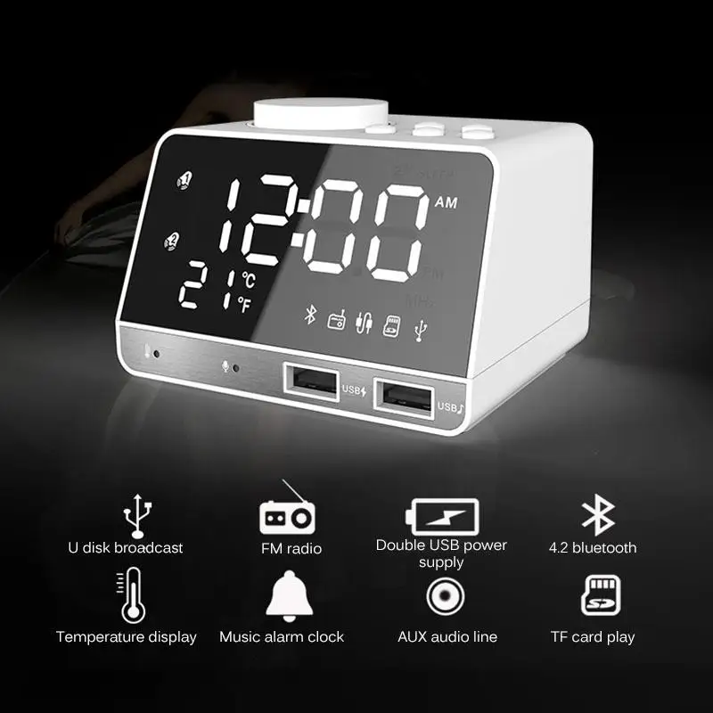 

Светодиодный Будильник, Bluetooth, FM-радио, колонка с 2 USB-портами, светодиодный цифровой будильник, украшение для дома, многофункциональные наст...