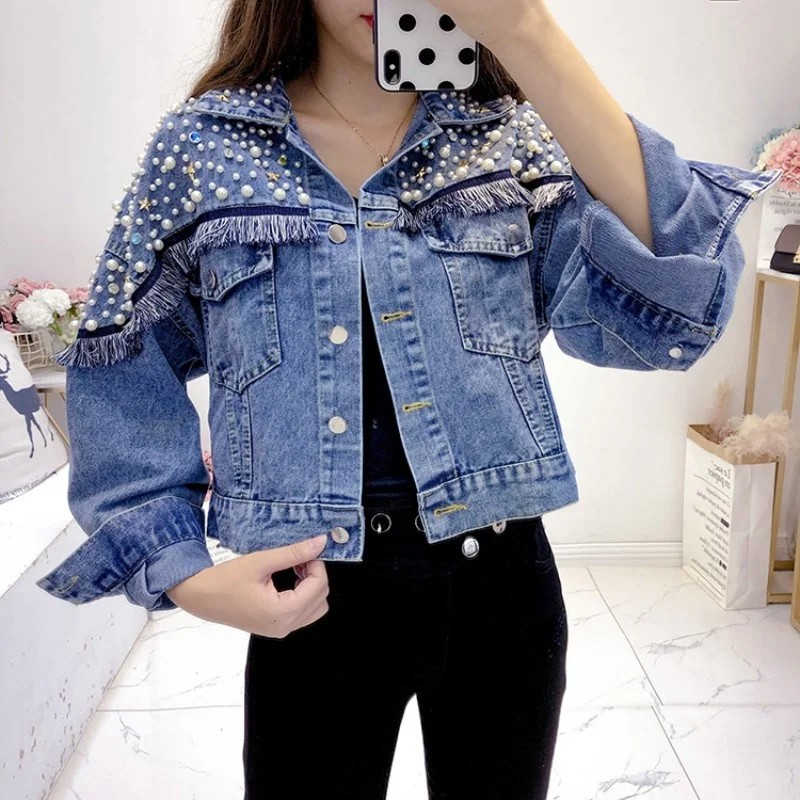 Street High Embroidered Flares Tassel Womens Shorts Coats Fashion Casual Long Sleeve Single Breasted Lapel Female Denim Jackets