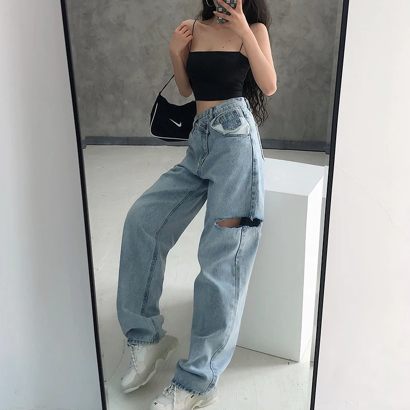 Европейские рваные свободные узкие брюки с широкими штанинами прямые