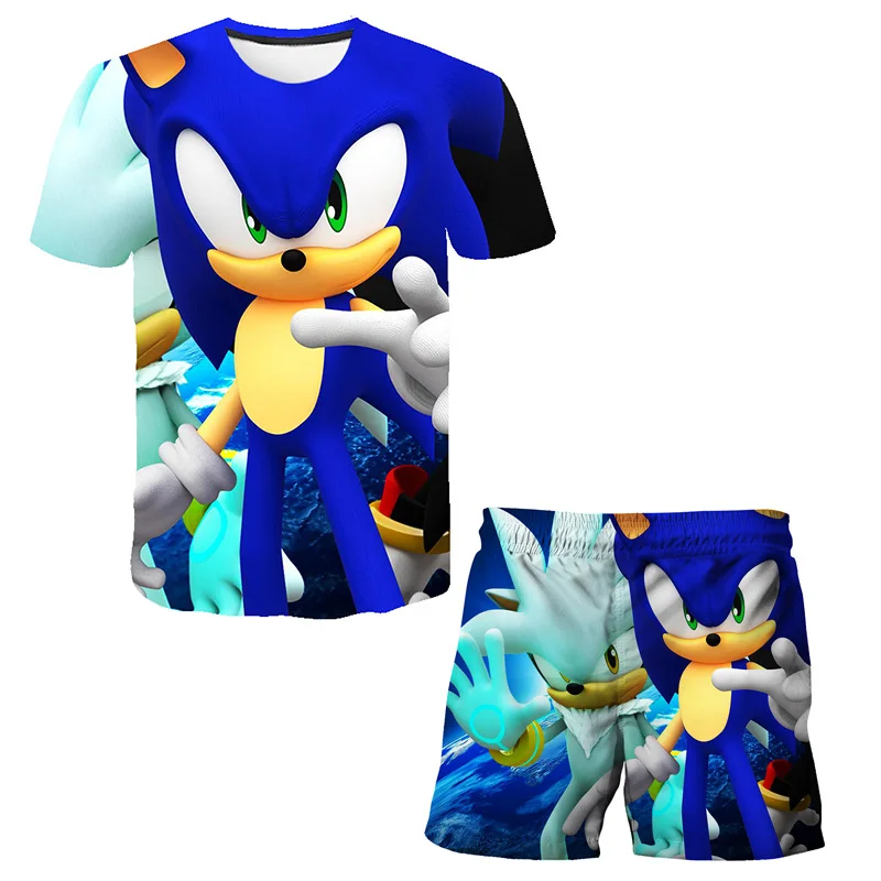 

Summer Suit Boys Sonic Cartoon For Kids Sets Blue Print Beach Short Gilrs Pants Casual Children Suit For Kids 4-14 Years Clothes