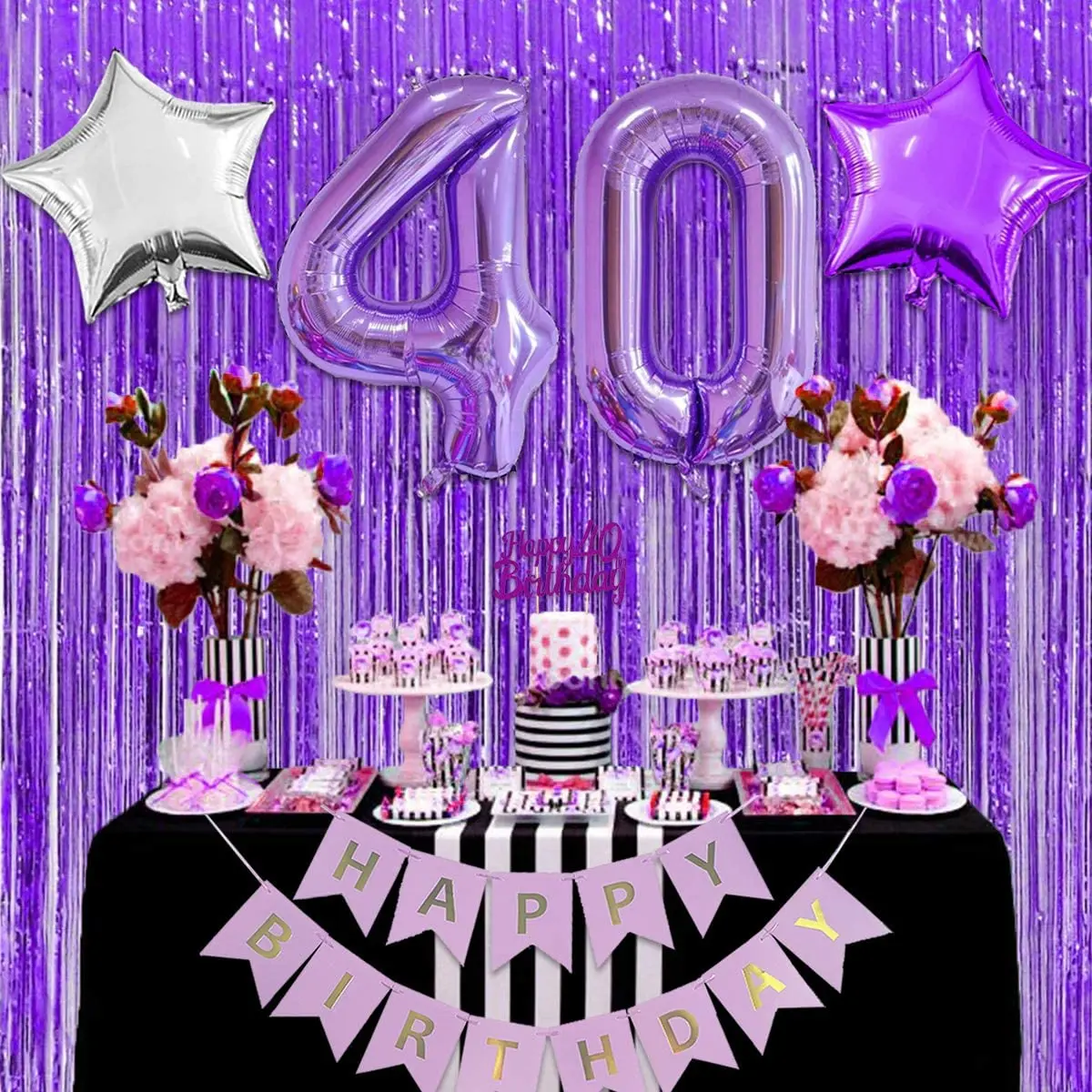 

Birthday Decoration Number 40 Star Foil Balloon Purple Confetti Balloon Tassel Cake Topper for Women 40 Birthday Party Supplies