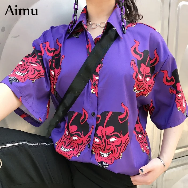 Harajuku рубашка blusas Женская ulzzang с длинным рукавом женская блузка srping Осень Свободный дьявол в готическом стиле с принтом Блузки корейские женские топы