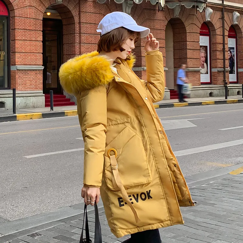 Thick women long jacket casual fashion warm cotton winter parka women big pocket fur collar hooded female coat outwear