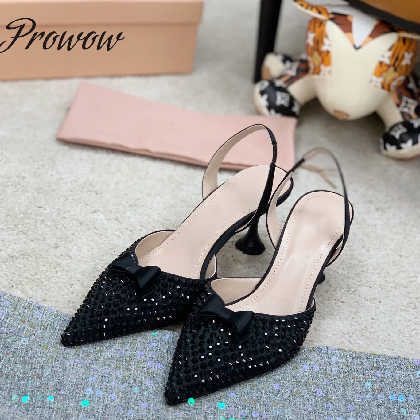 

Prowow BlingBling Crystal Bowtie Pumps Sling Back Kitten Heel Sandals Women Brand Designer Pumps Runway Shoes Women