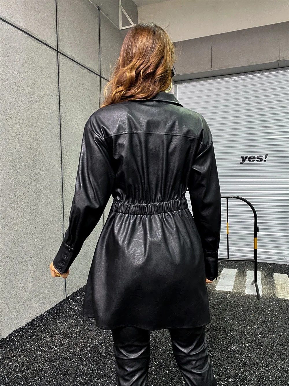 Women 2021 Fashion Fit Flare Faux Leather Bandage Loose Coat Vintage Long Sleeve Female PU Leather Casual Outerwear Chic Coat