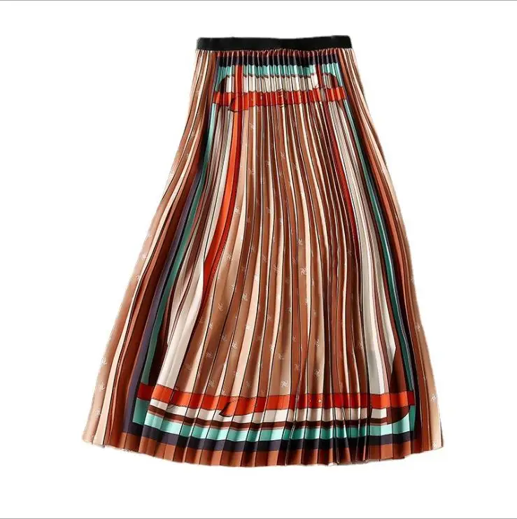 

European and American women's clothing spring 2021 new Printed pleated skirt in contrasting colors