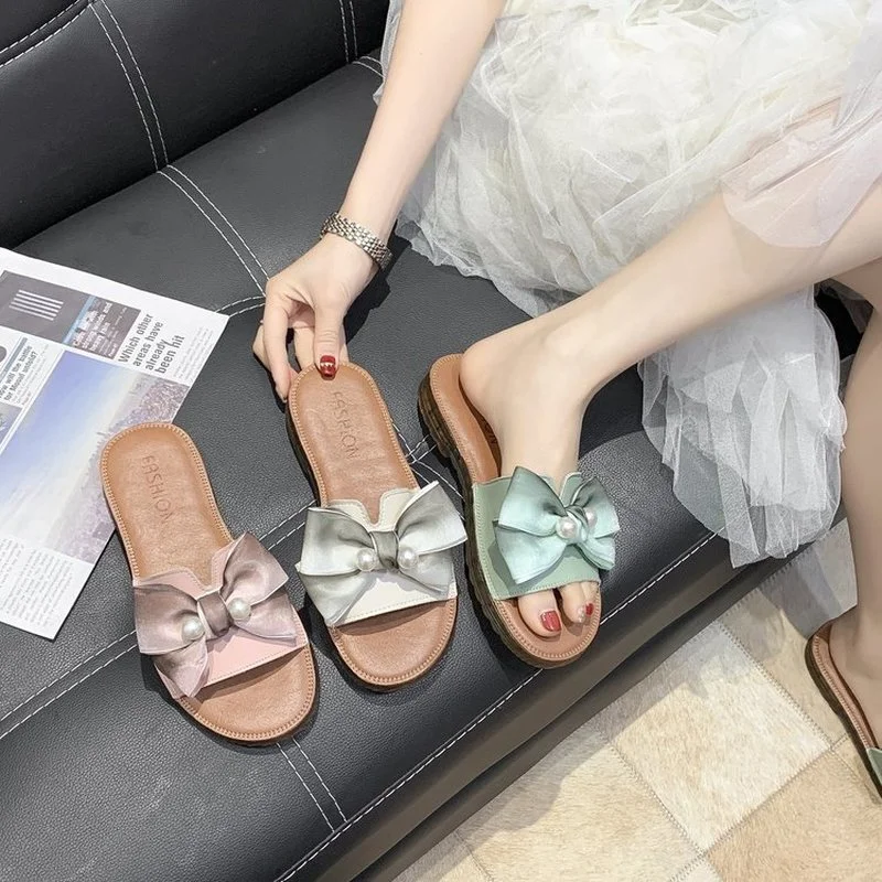 

Women's Slippers Fashion Simple Pure Color Wild Bow Decoration Sweet Open-toed Small Fresh Women's Slippers 2021