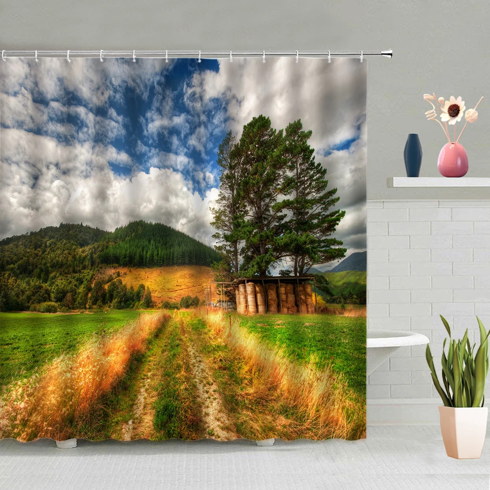 

Natural Scenery Shower Curtain Waterfall Forest Ocean Bathtub Decoration Screen Bathing Curtains Washable With Hook Home Decor